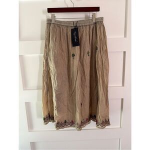Young Threads Embroidered Beige Skirt with Pink & Green Accents